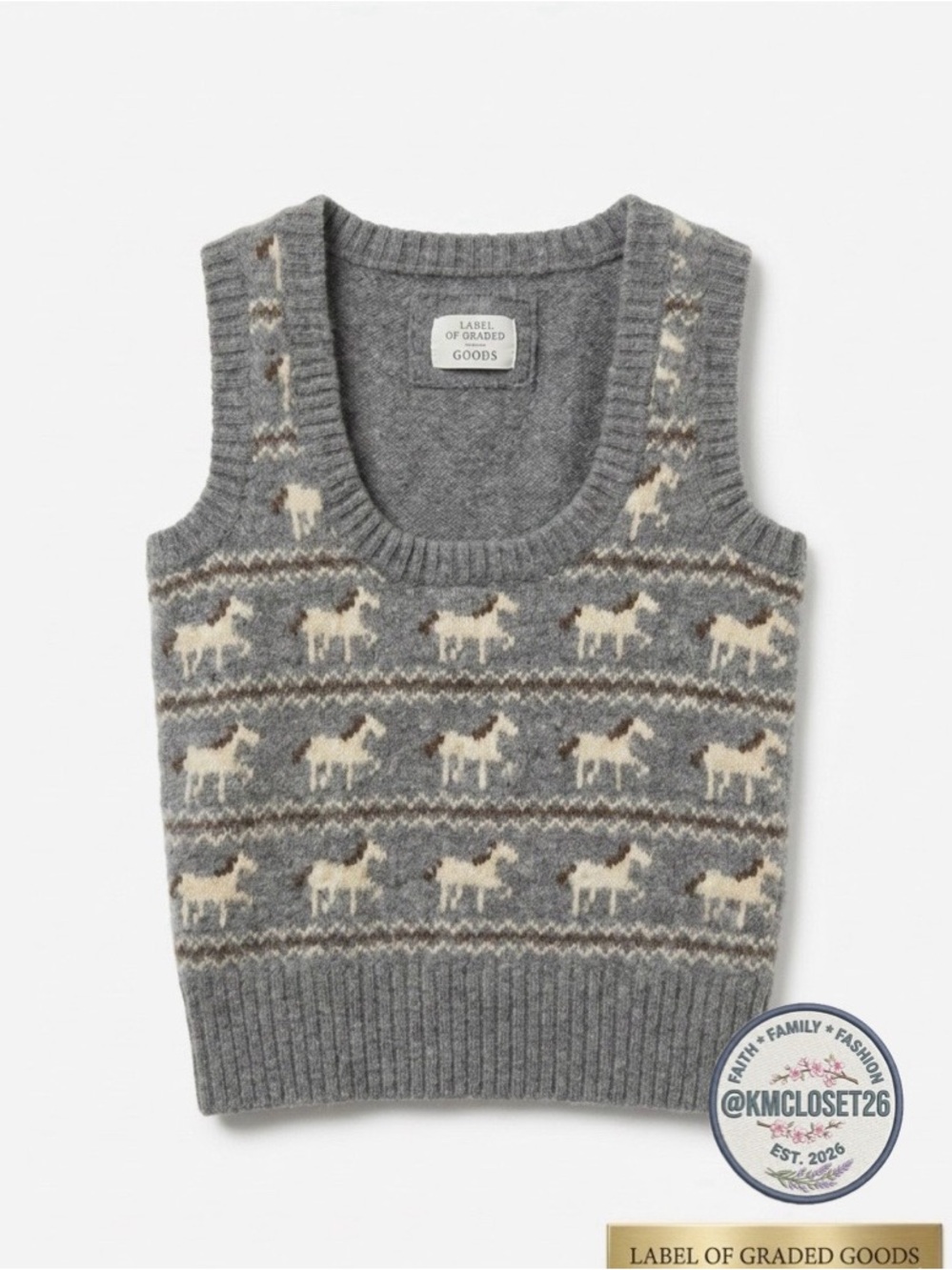 H&M Archive Equestrian Horse Intarsia Knit Vest Y2K- Grey XS OOAK